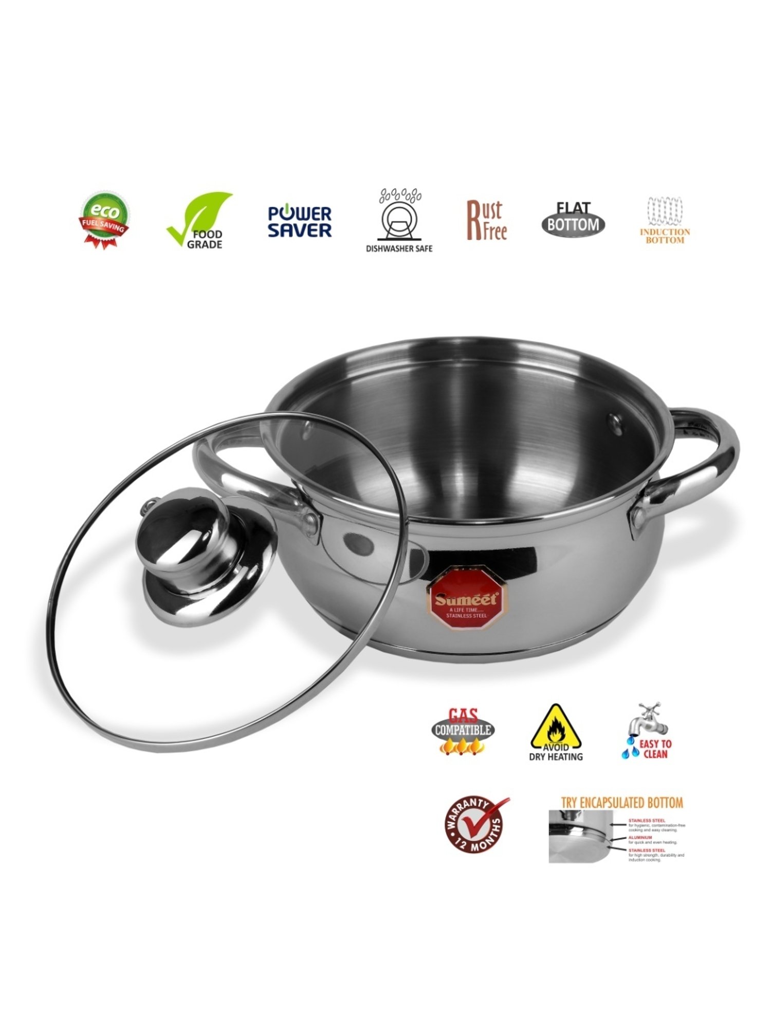 Sumeet S.S. Induction Bottom  Belly Shape Cook & Serve Casserole No. 10 (1.5 Ltr) With Glass Lid