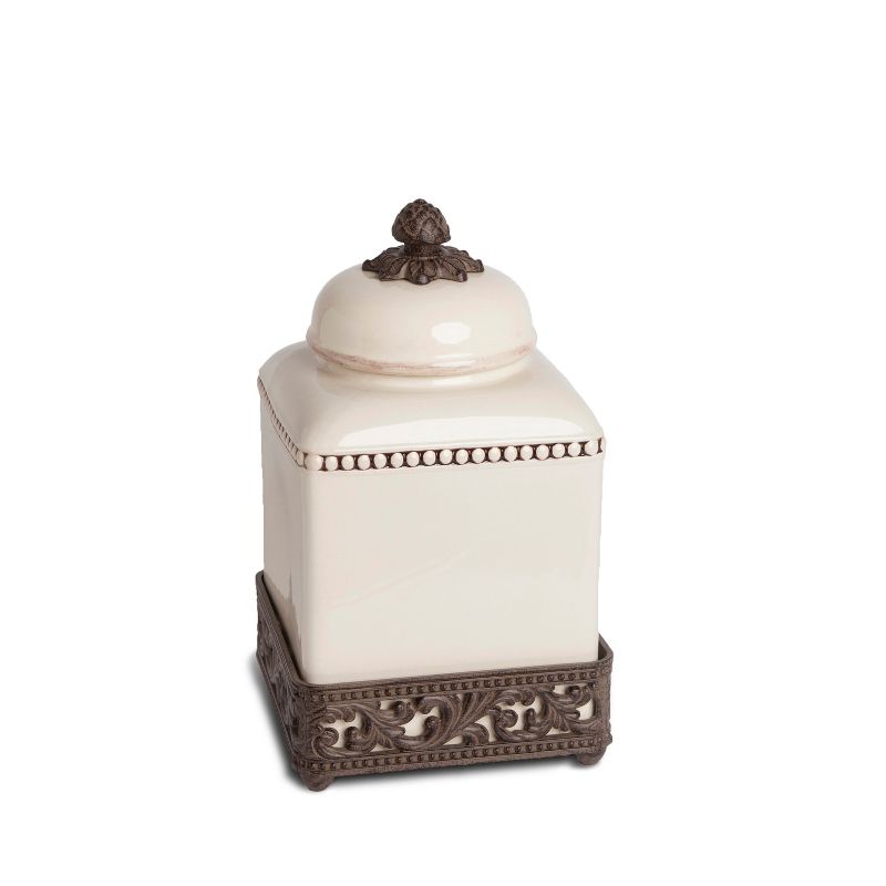 GG Collection 12-Inch Tall Cream Ceramic Canister with Acanthus Leaf Adorned Metal  Base