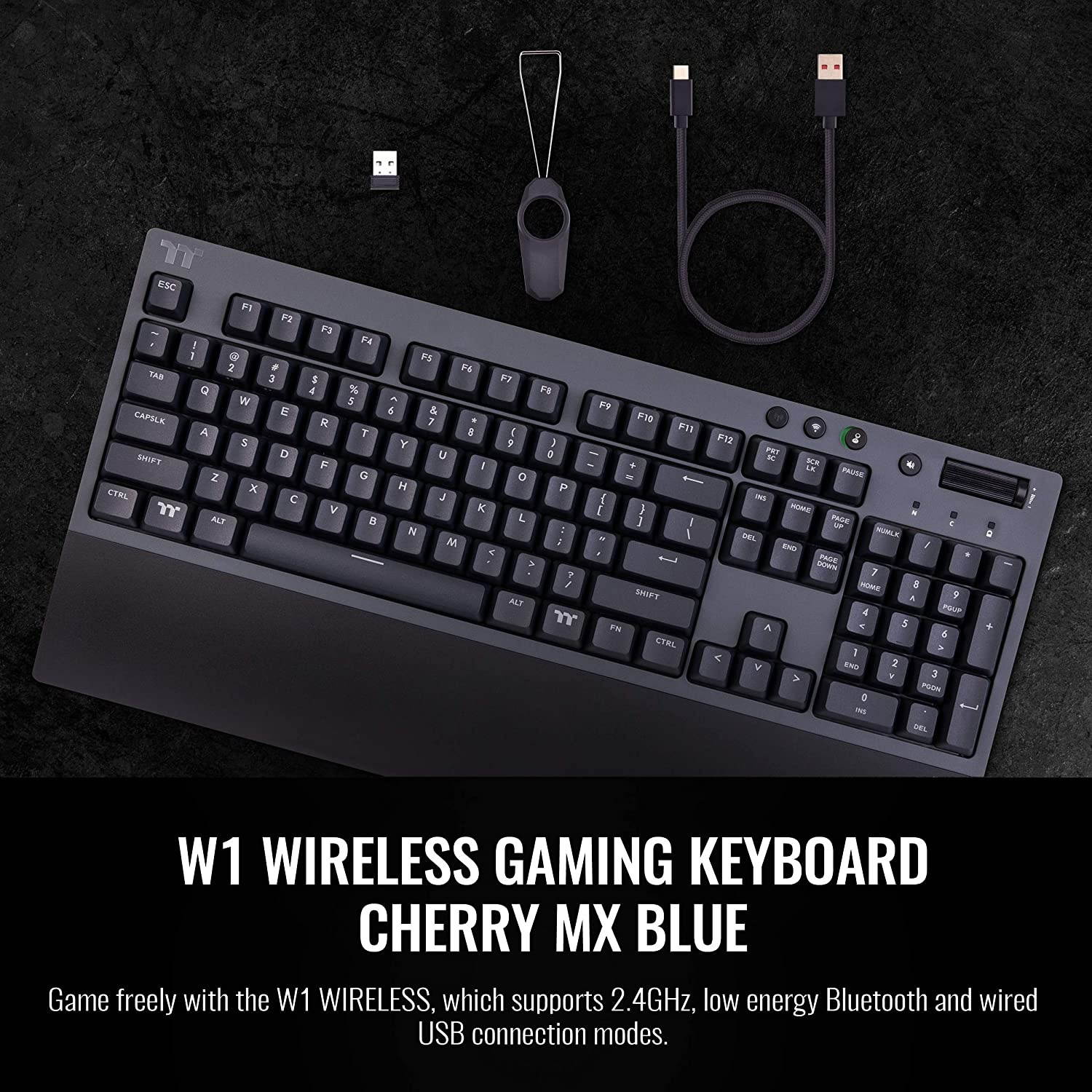 Thermaltake W1 Wireless Gaming Keyboard Cherry MX Blue, 2.4GH per Minute, Bluetooth 4.2, Low Energy Technology, USB Type-C Connection. GKB-WOW-BLSNUS-01