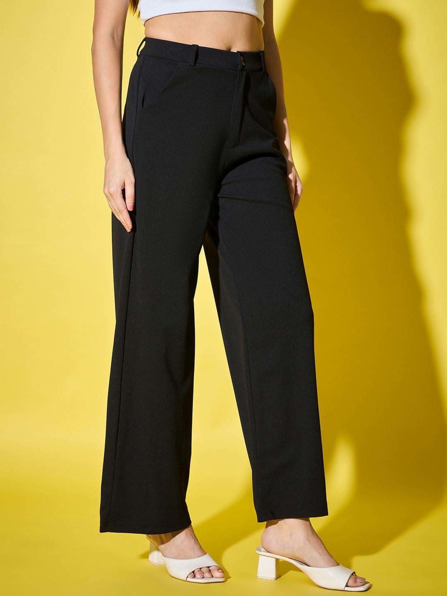 BUYNEWTREND Black High rise Formal Trousers