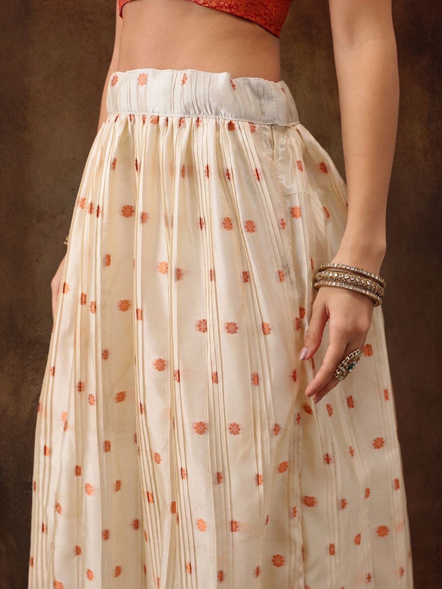 Silk Land Beige & Red Woven Pattern Semi Stitched Lehenga Choli Set With Duppata