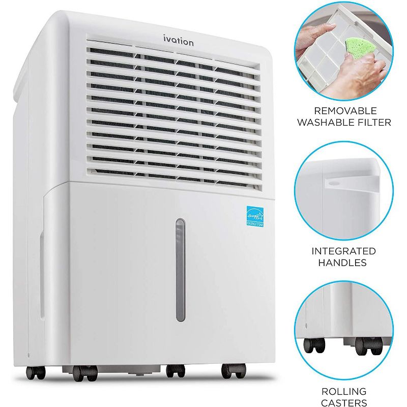 Ivation 4,500 Sq. Ft. Smart Wifi Dehumidifier with App, Continuous Drain Hose Connector, 2.25 Gal Reservoir for Medium & Large Rooms - White