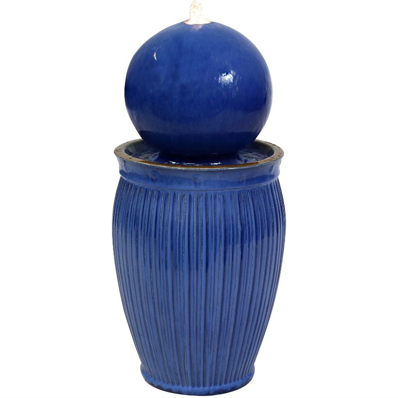 Sunnydaze 29"H Electric Glazed Blue Ceramic Orb on Pedestal Outdoor Water Fountain with LED Light