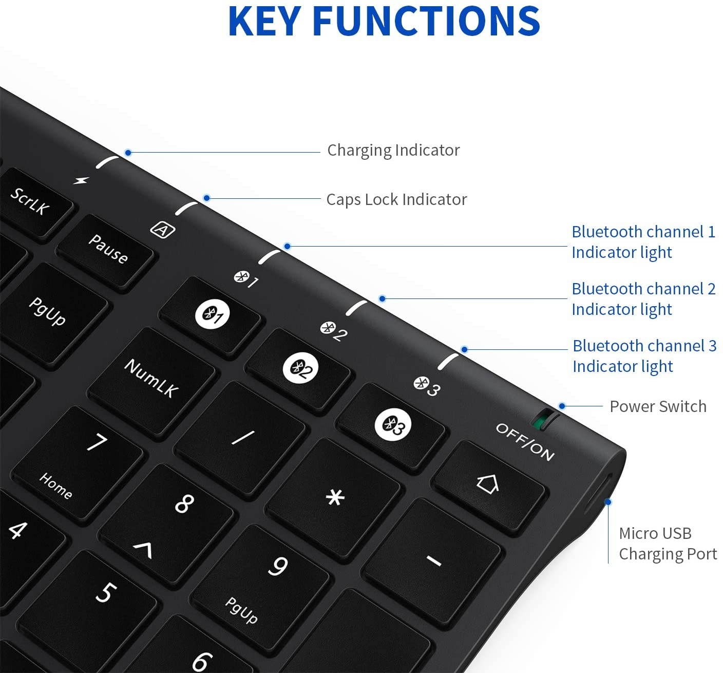 Multi-Device Bluetooth Keyboard - Jelly Comb Rechargeable Wireless Keyboard Full Size Ultra Slim Bluetooth Keyboard with Number Pad Compatible with Windows, Android, Mac OS and iOS (Black)