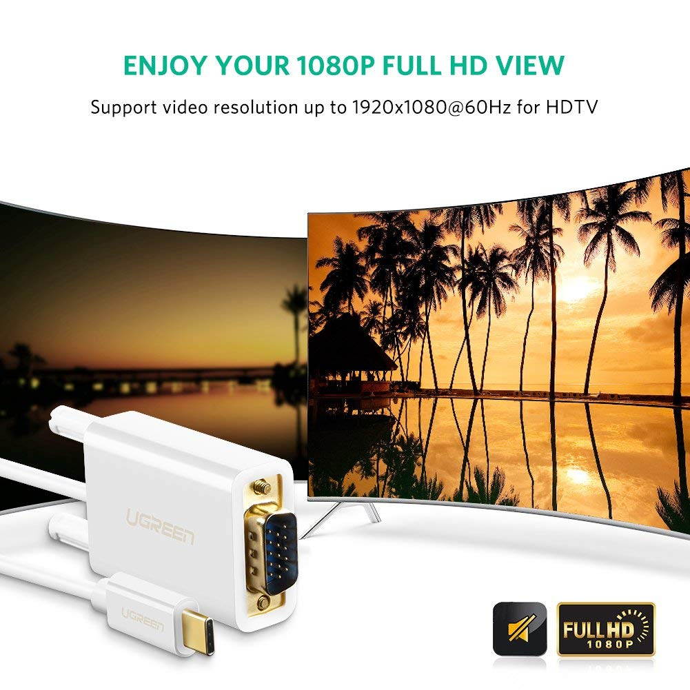 UGREEN USB C to VGA Cable Type C to VGA Video Adapter with 1080P Full HD for 2017 2016 Apple MacBook Pro, Google Chromebook, Samsung S9 S8 Plus Note 8,LG G5 G6, HTC 10, Nexus 5X 6P (White 3FT)