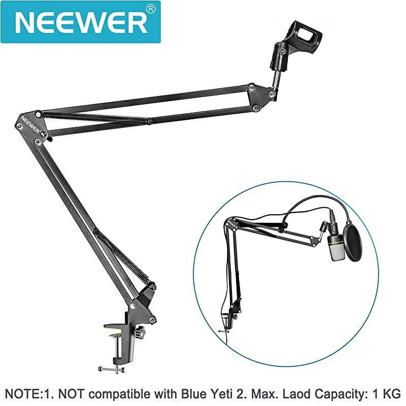NB35 Black Microphone Suspension Boom Scissor Arm Stand with Mic Clip Holder and Table Mounting Clamp NWB3 Black Pop Filter Windscreen Mask Shield with Stand Clip Kit