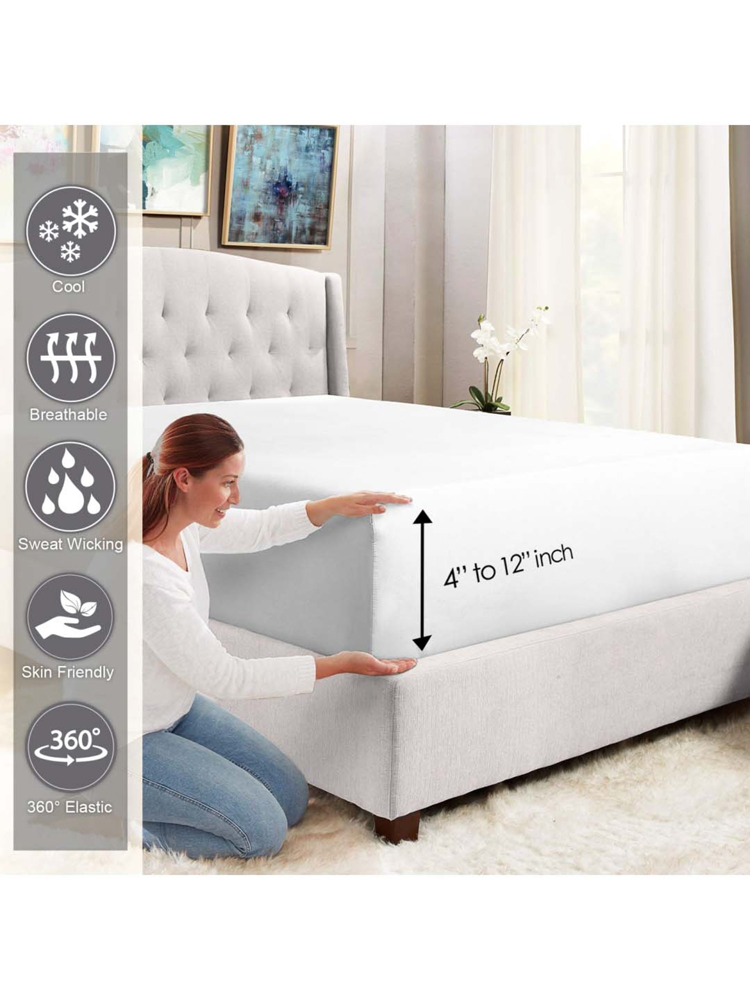 Pizuna 400TC 100% Cotton White Fitted Bed Sheet Queen Size With 2 Pillow Cover