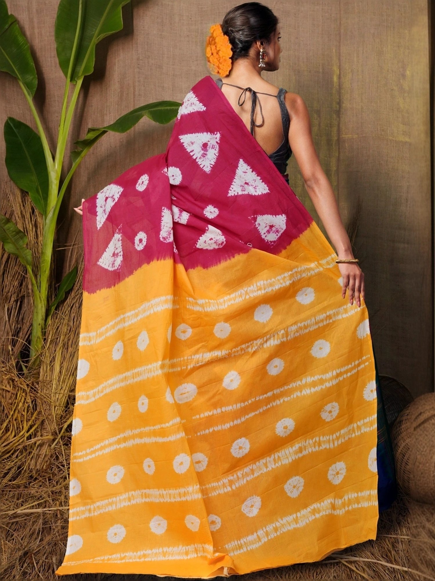 Unnati Silks Pink & Yellow Cotton Printed Saree With Unstitched Blouse