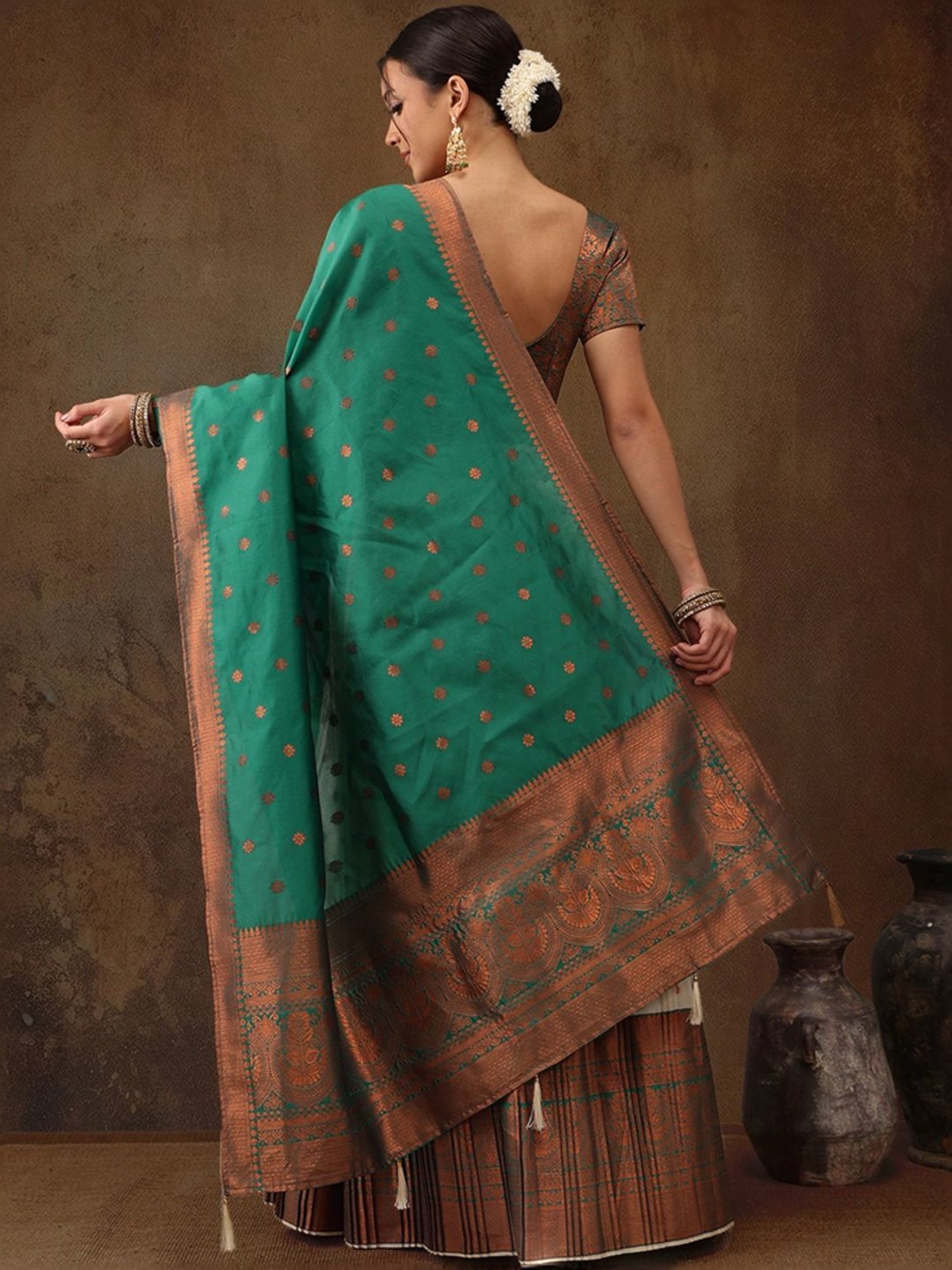 Silk Land Beige & Green Woven Pattern Semi Stitched Lehenga Choli Set With Duppata