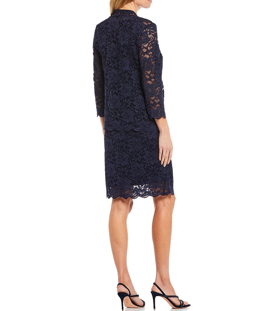 Marina Stretch Glitter 3/4 Sleeve Lace 2-Piece Jacket Dress