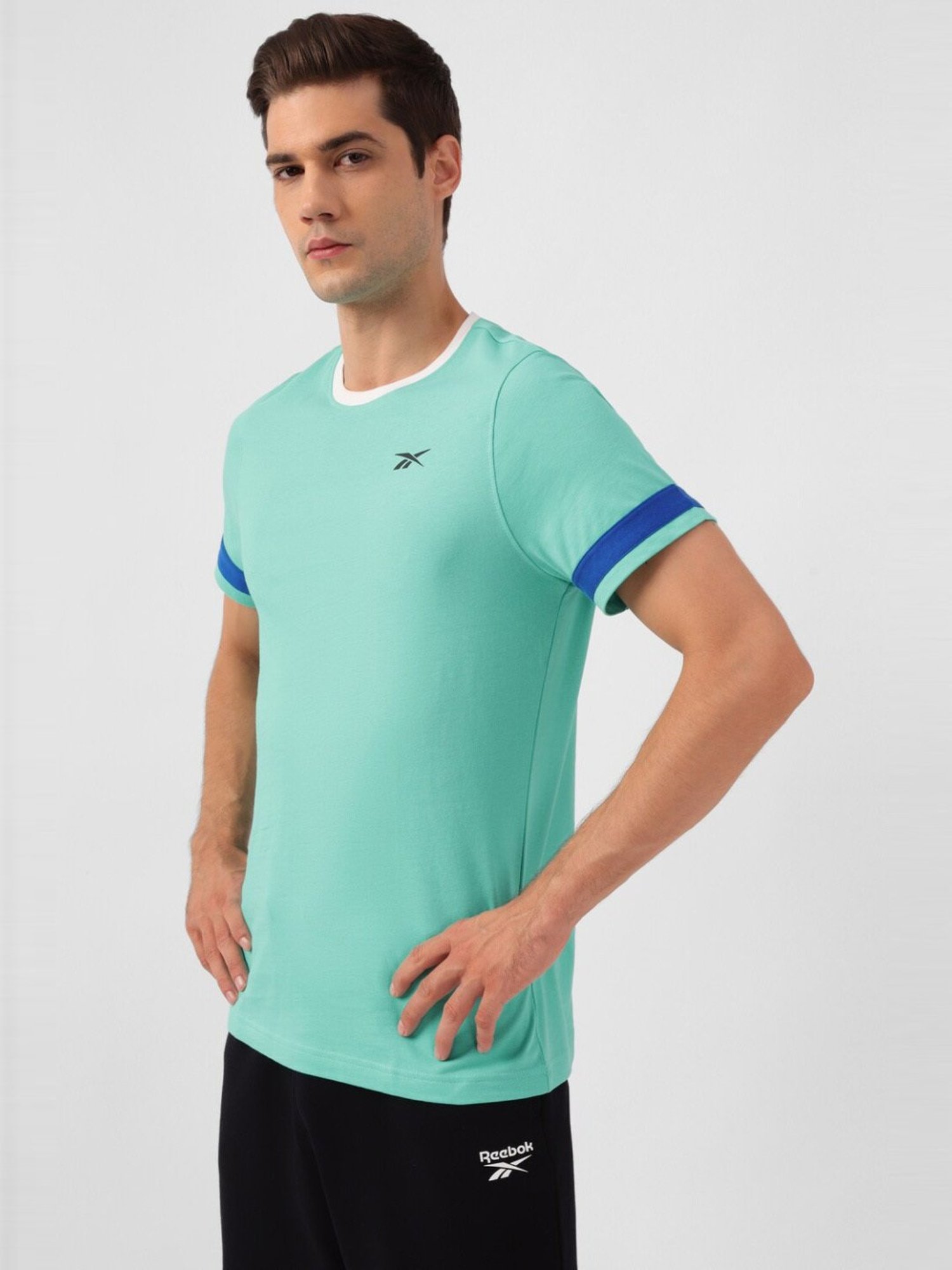 Reebok Green Cotton Slim Fit Logo Printed Sports T-Shirt