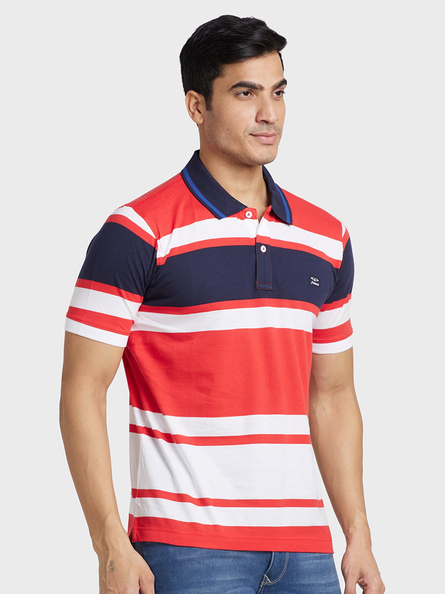 Colorplus Red Cotton Tailored Fit Striped Polo T-Shirt