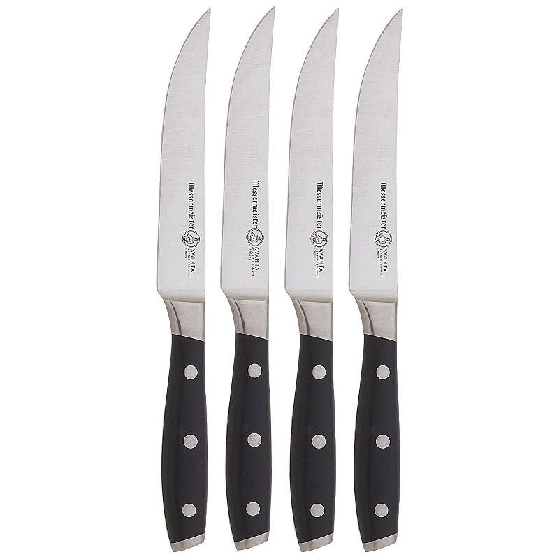 Messermeister Avanta Stainless Steel Fine Edge Steak Knife Set with Sandblasted Stainless Steel Handle, 4 Piece, Black POM
