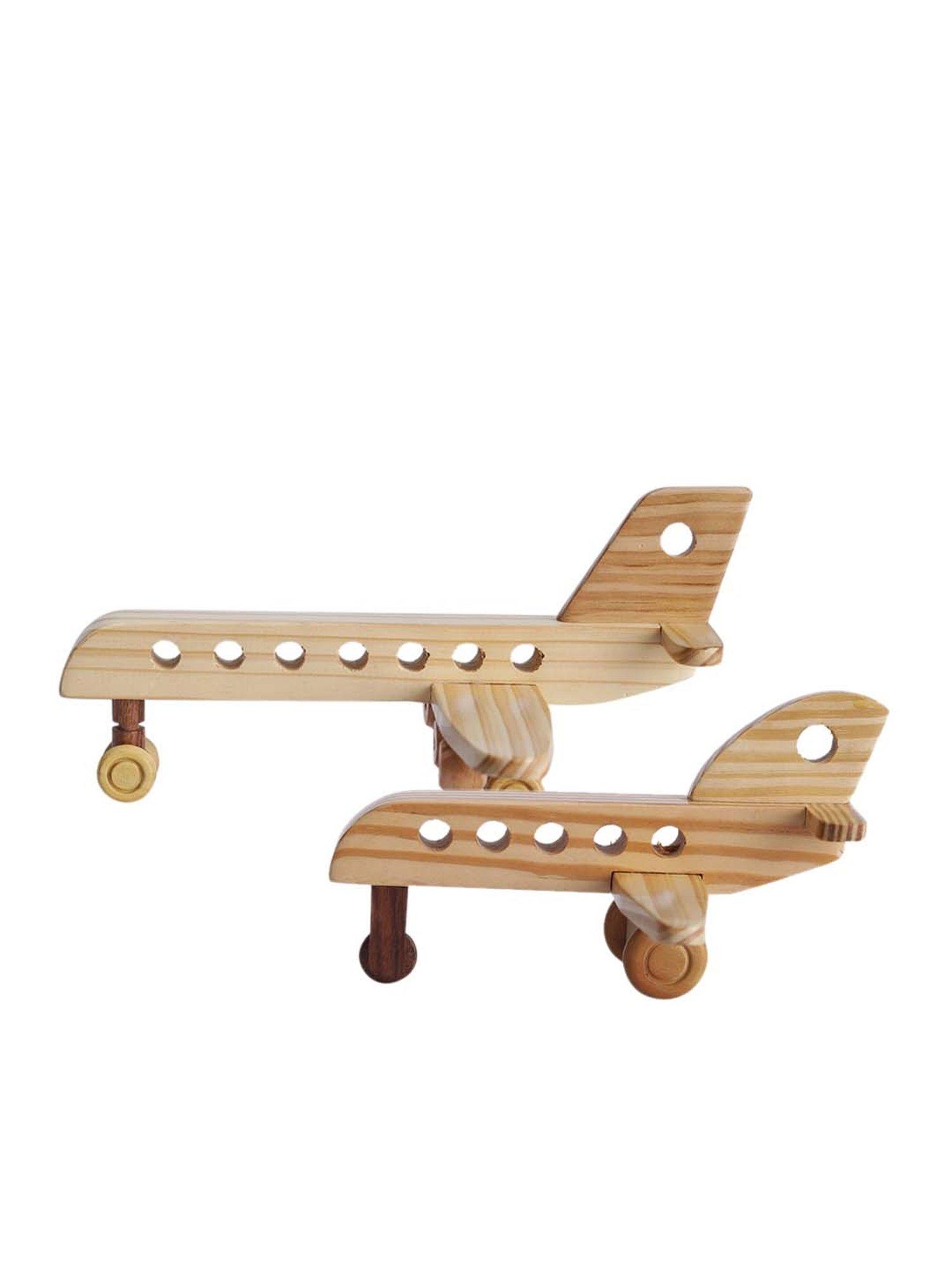 VarEesha Wheels of Wood Beige Pine Wood Decorative Airbuses - Set of 2