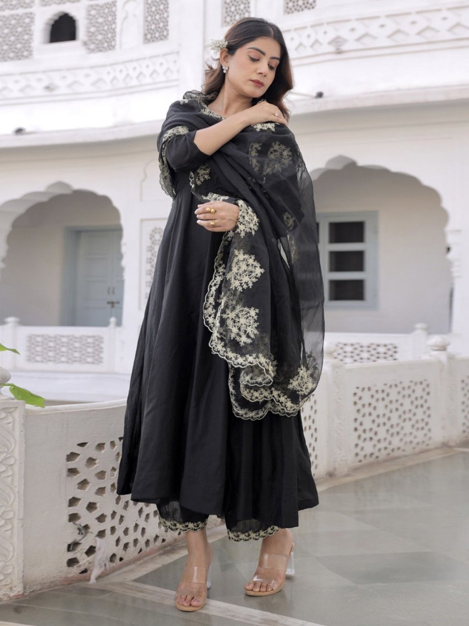 Asrumo Black Sukoon Summer Three Anarkali Kurta with Palazzo and Zari Work Organza Dupatta Set