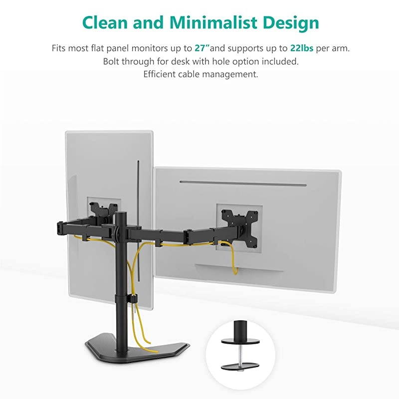 Free Standing Dual LCD Monitor Fully Adjustable Desk Mount Fits 2 Screens up to 27 inch 22 lbs Weight Capacity per Arm with Grommet Base MF002 Black