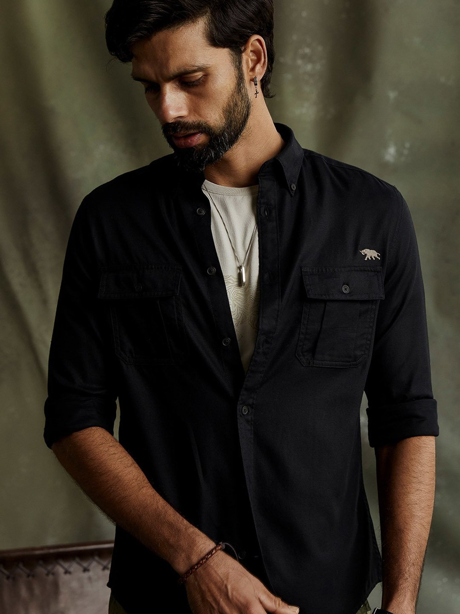 ANDAMEN Black Regular Fit Cotton Shirt