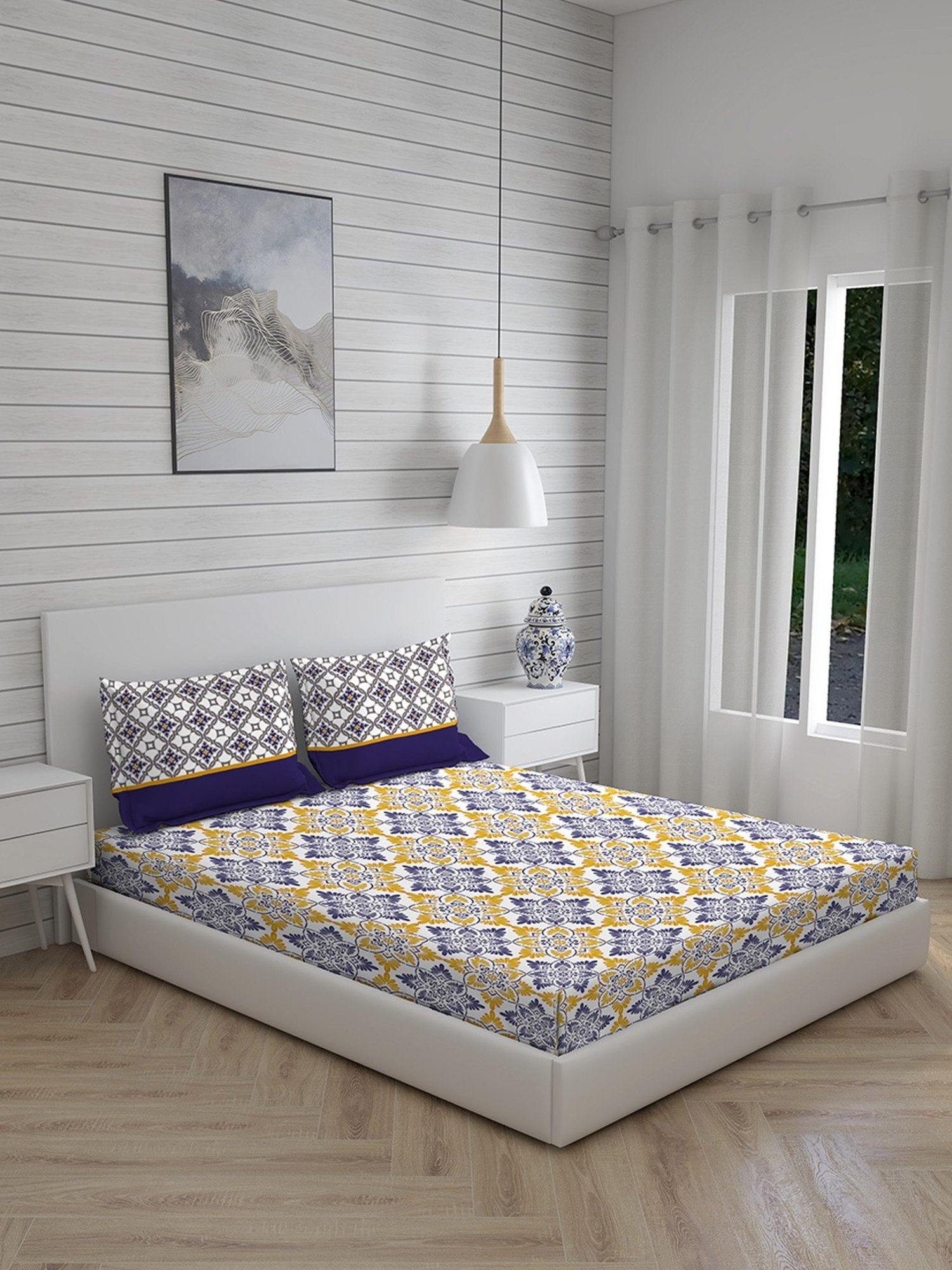 Layers Roma Floral Yellow 120 TC Cotton Queen Bed Sheet with 2 Pillow Covers