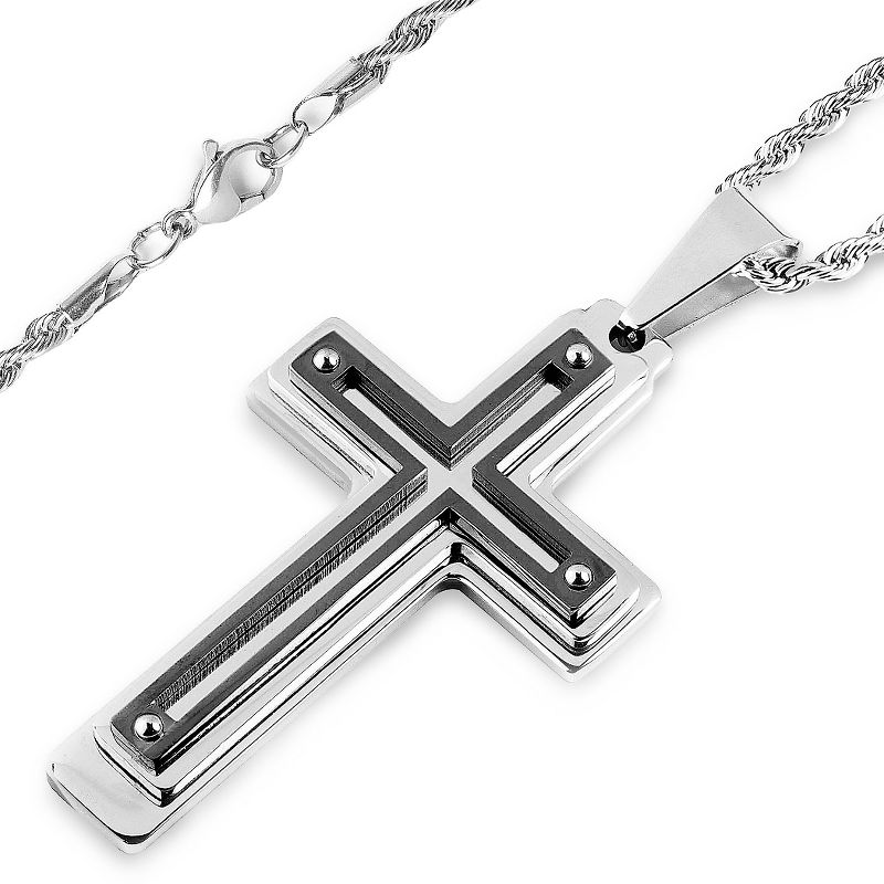Men's West Coast Jewelry Silvertone and Blackplated Stainless Steel Multi-layer Cross Pendant