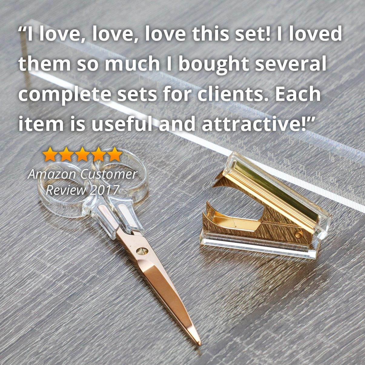 Acrylic and Gold Desk Accessories Set by OfficeGoods &ndash; 12 Inch Ruler, 6.5 Inch Scissors and Stapler Remover - for Your Every Day Office Needs with Style - Beautiful and Magical!