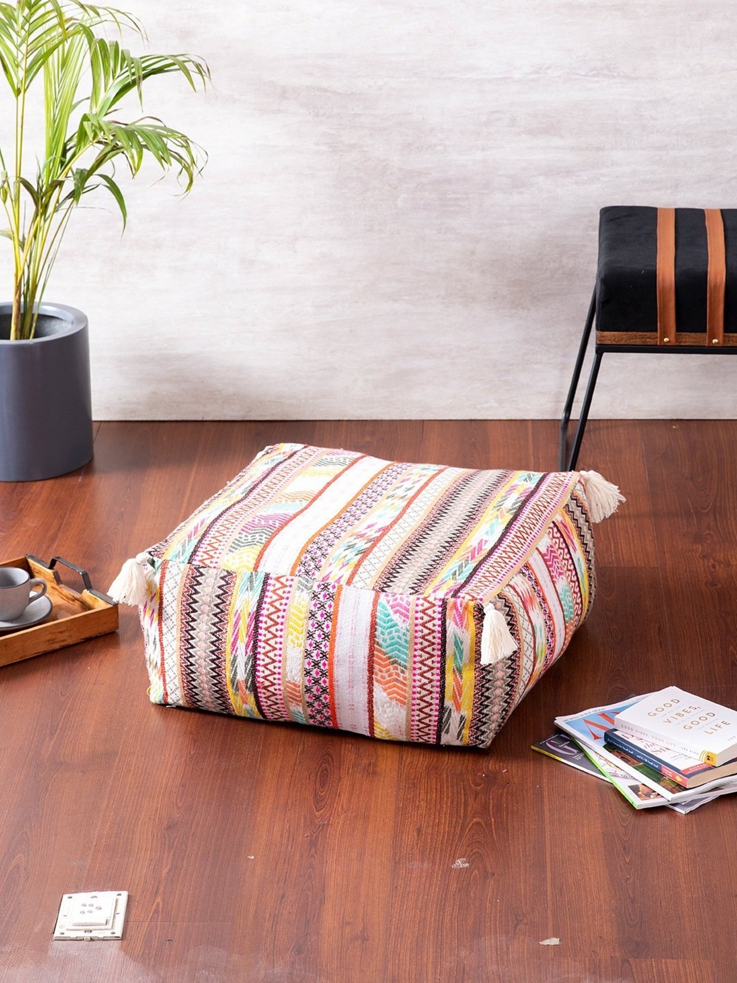 Nestroots Printed Multicolor Cotton Foot Stool Floor Cushions with Filler