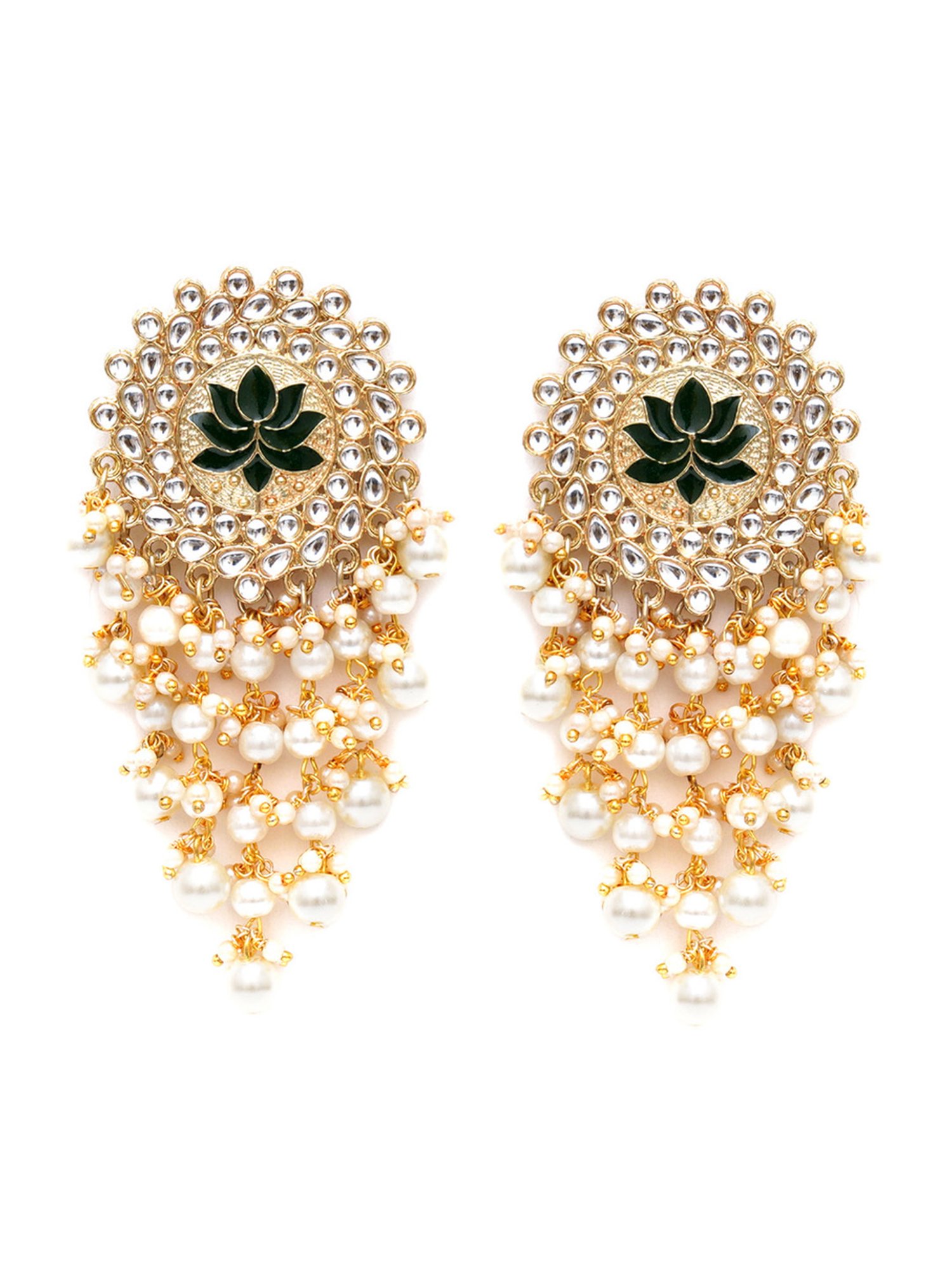 Karatcart Gold-Plated Green Meena Pearl Beads Kundan Dangler Earrings