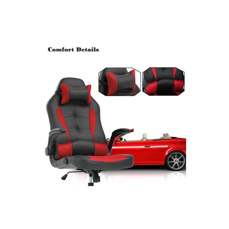 Gaming Chair Ergonomic Office Chair Cheap Desk Chair with Lumbar Suport Flip Up Arms Headrest Adjustable PU Leather Executive High Back Computer Chair for Women Men Adults,Red