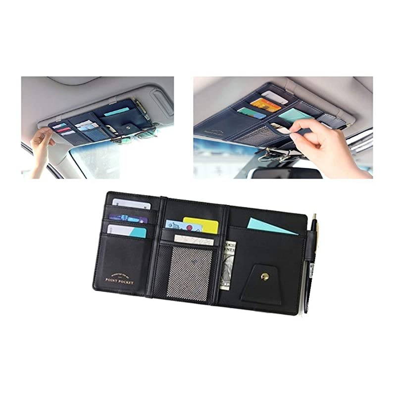 PU Car Sun Visor Storage Bag Auto Glasses Ticket Documents Folder Mobile Phone Organizer - Black