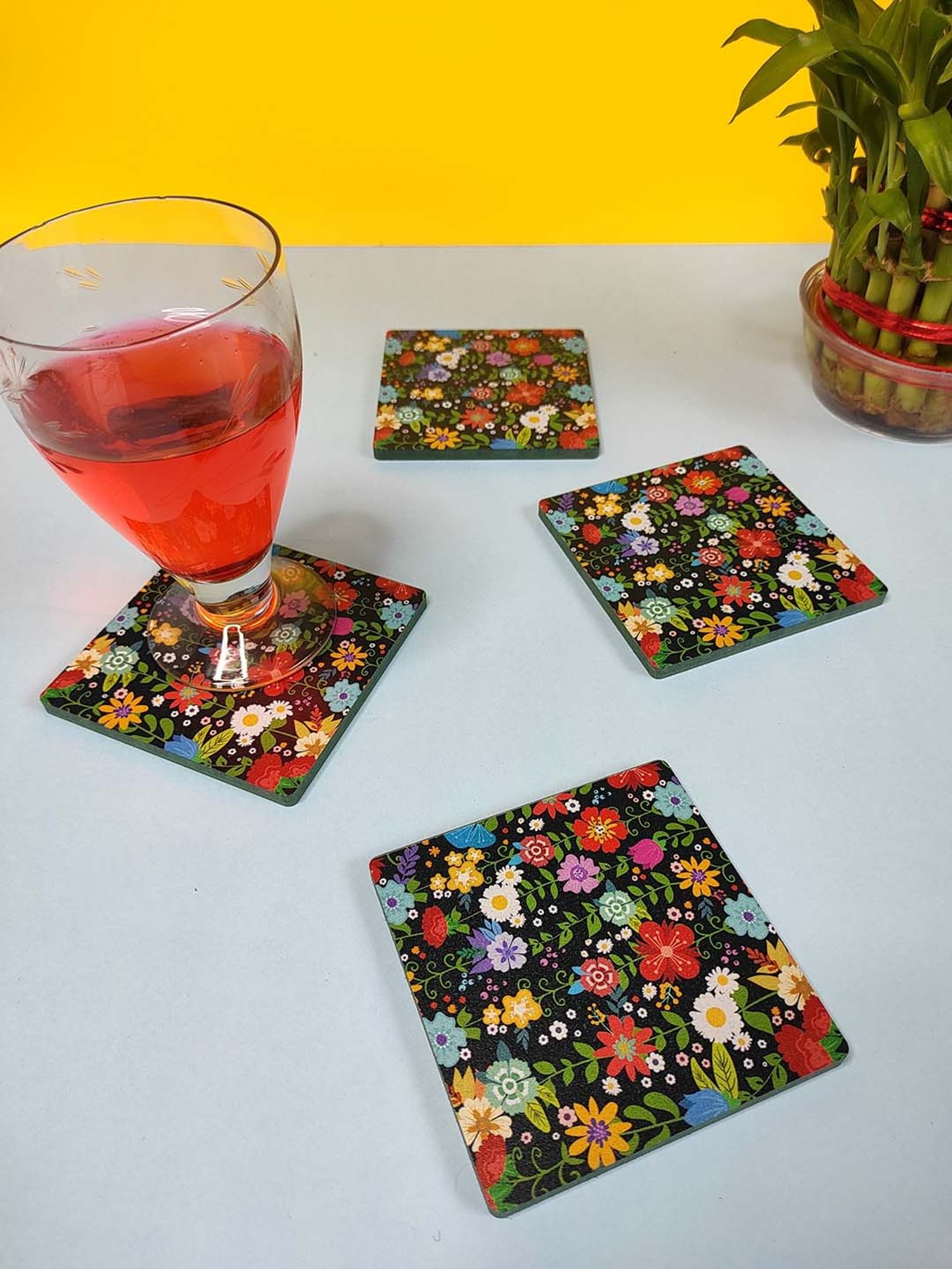 Crayton Multicolor Wooden Floral Printed Square Coasters - Set of 4