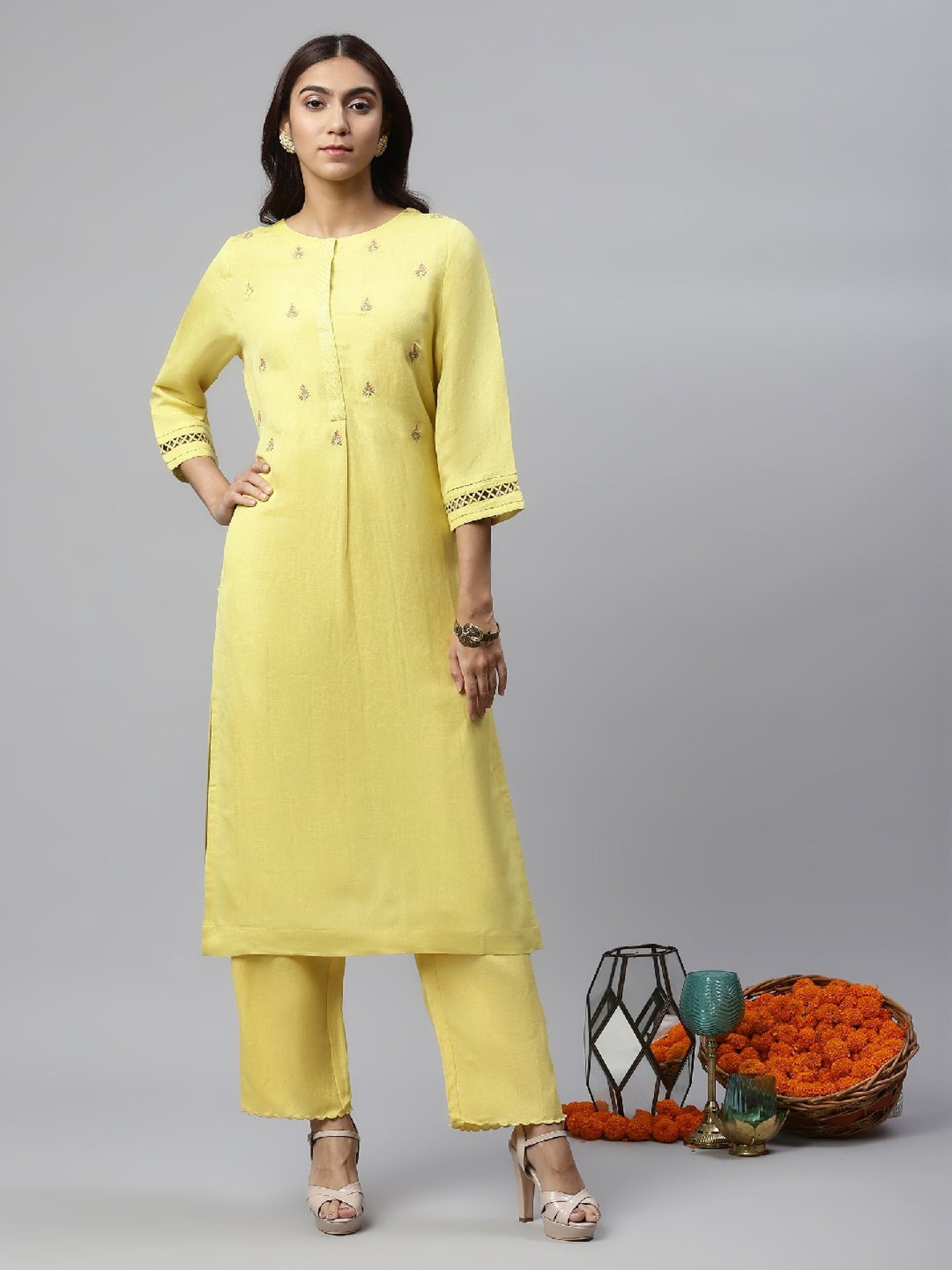 Linen Club Woman Mustard Elasticated Pants