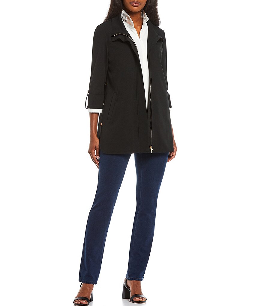 Ming Wang Deco Crepe 3/4 Sleeve Zip-Front Shirt Jacket
