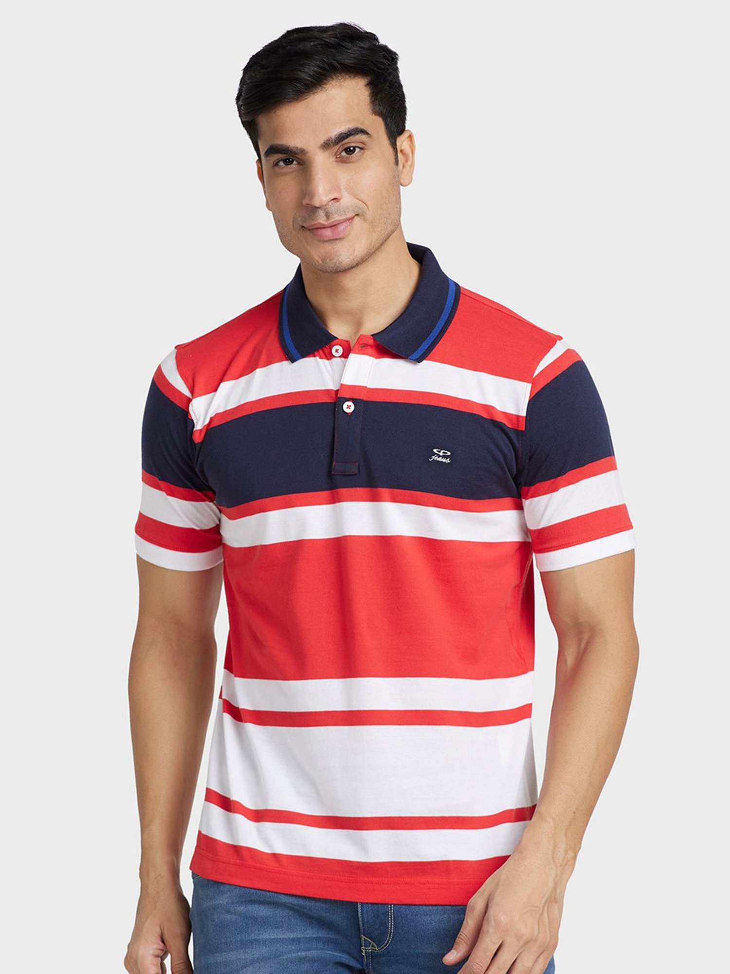 Colorplus Red Cotton Tailored Fit Striped Polo T-Shirt
