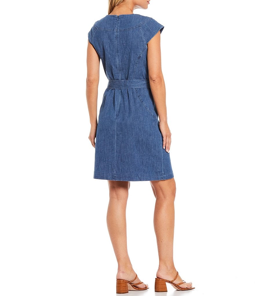 Kasper V-Neck Top Stitch Denim Belted A-Line Dress