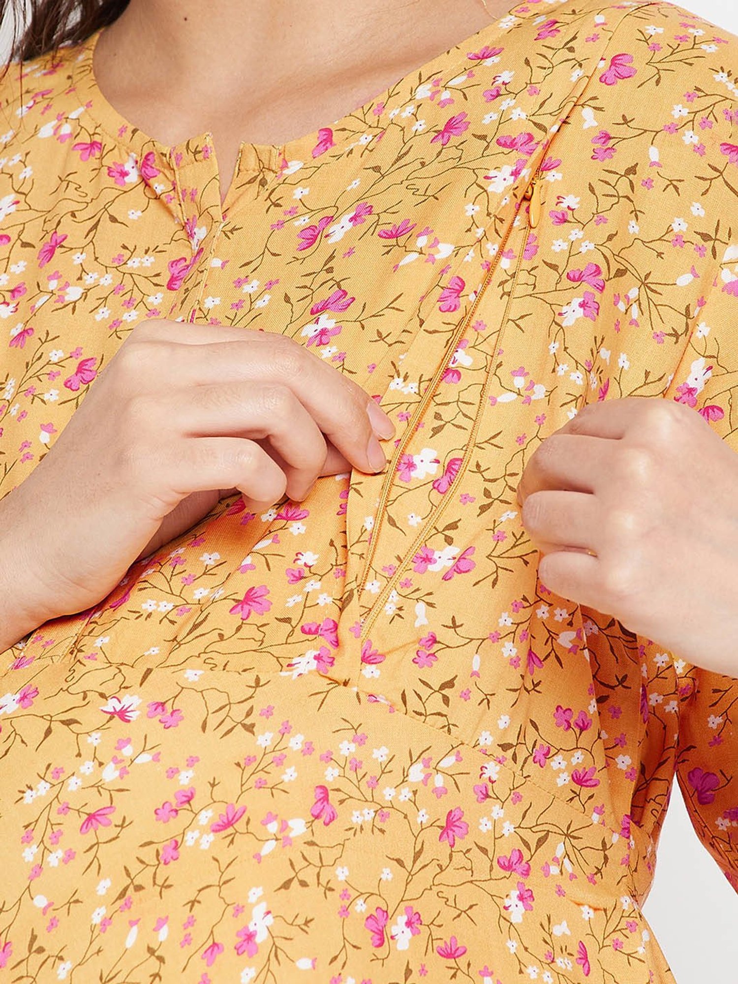 Hypernation Yellow Rayon Floral Print Maternity Dress