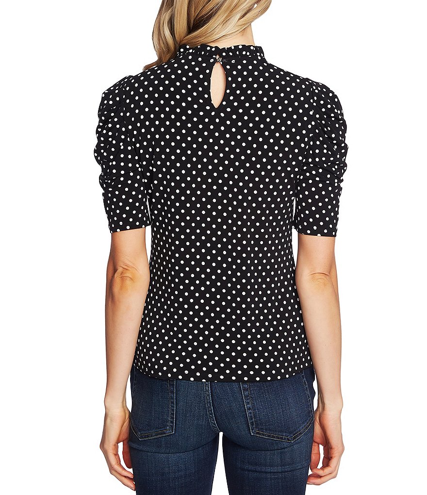 CeCe Polka Dot Puff Sleeve Ruffled Mock Neck Knit Top