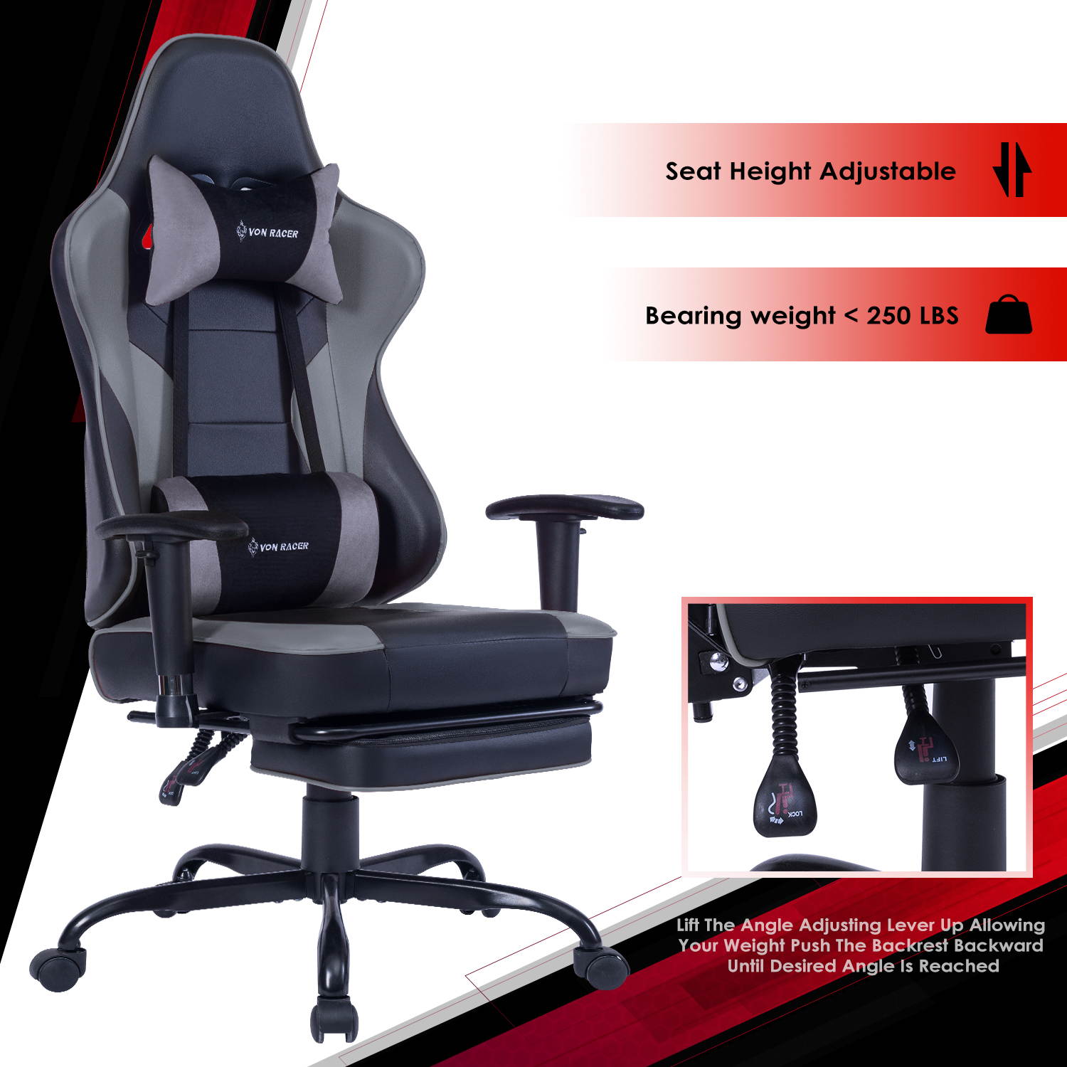 VON RACER Massage Gaming Chair - High Back Racing PC Computer Desk Office Chair Swivel Ergonomic Executive Leather Chair with Footrest and Adjustable Armrests(Grey)