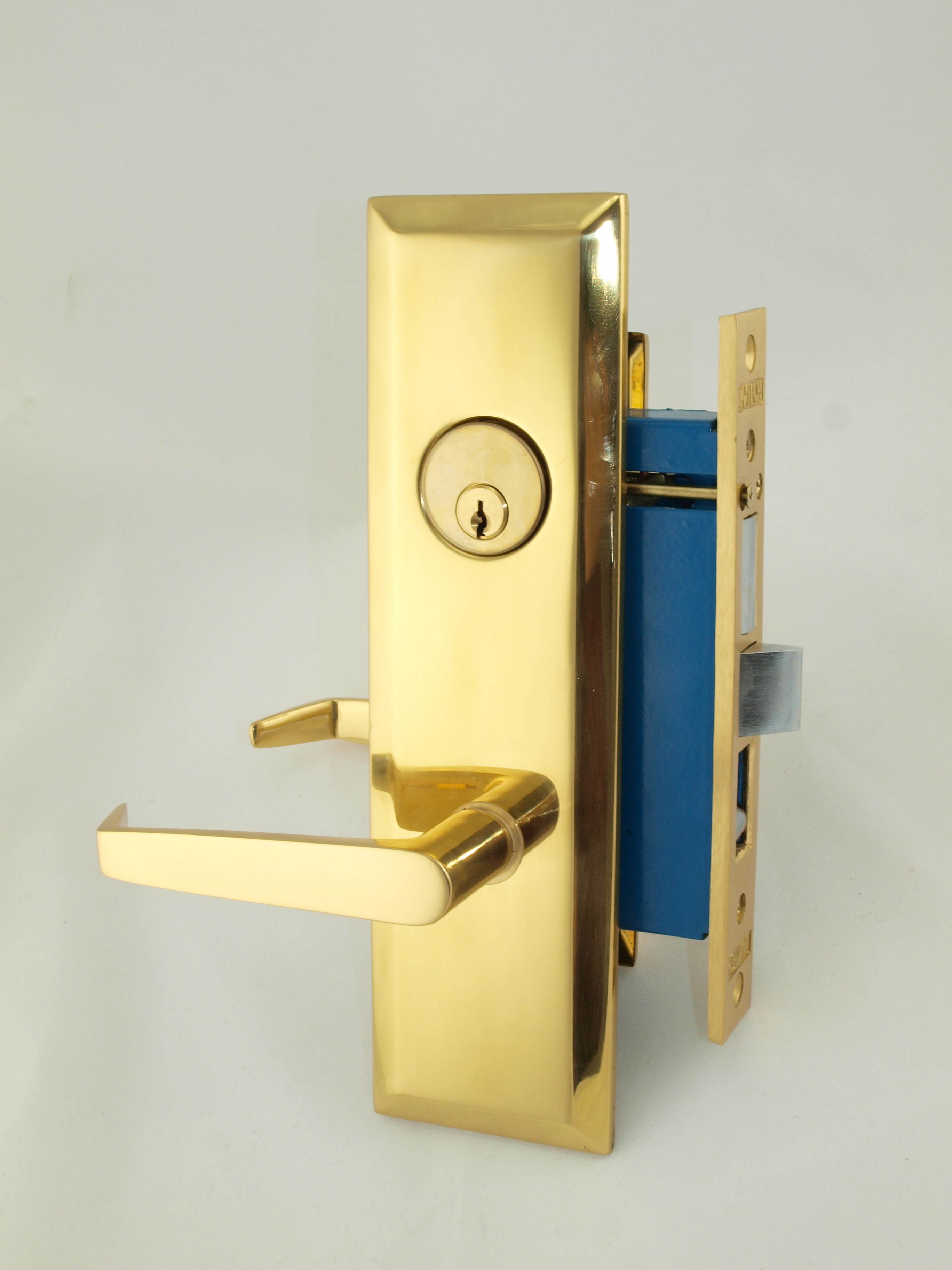 Maxtech (Marks Metro 116A/3 Like) Polished Brass Finish, Left Hand, Heavy Duty Mortise Entry Screwless Lever Lockset Thru Bolted, 2-1/2" Lock Set