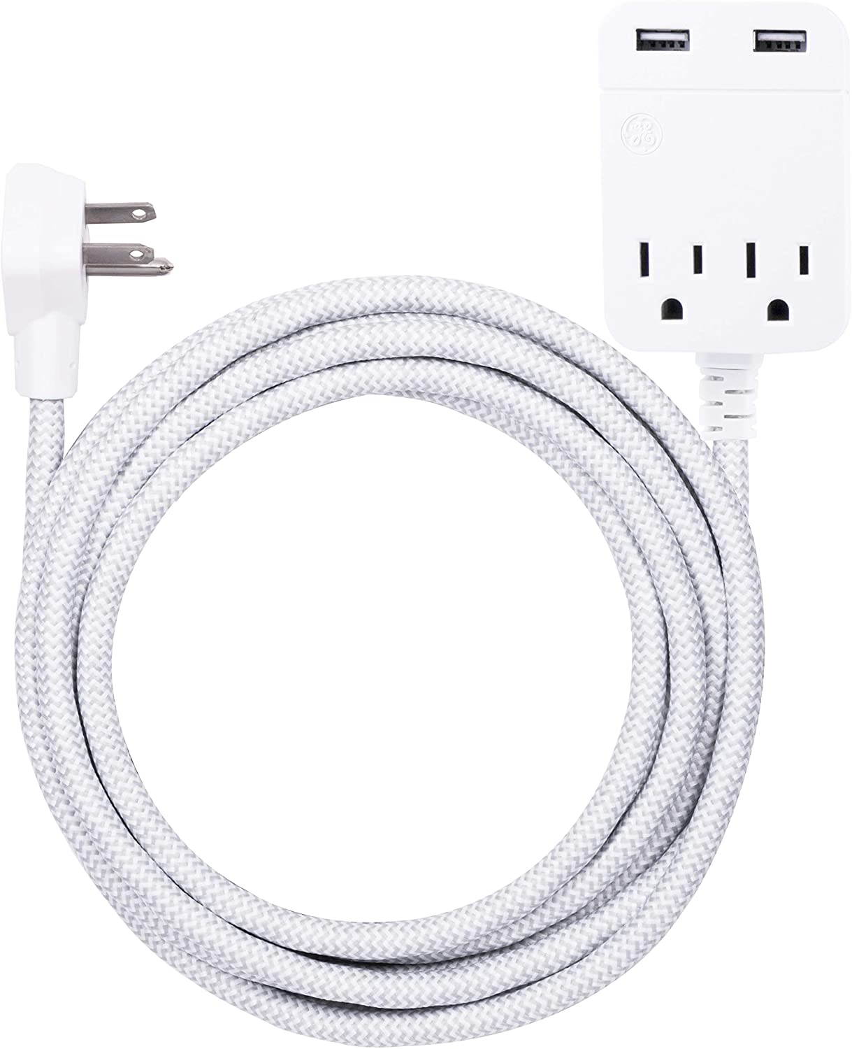 GE UltraPro 10 Outlet Surge Protector, 15W USB-C Charging, 8 ft Designer Braided Extension Cord, for iPhone 11/Pro/Max/XR/XS/X, iPad Pro, Samsung Galaxy, Adapter Spaced, 3540 Joules, Black, 41357