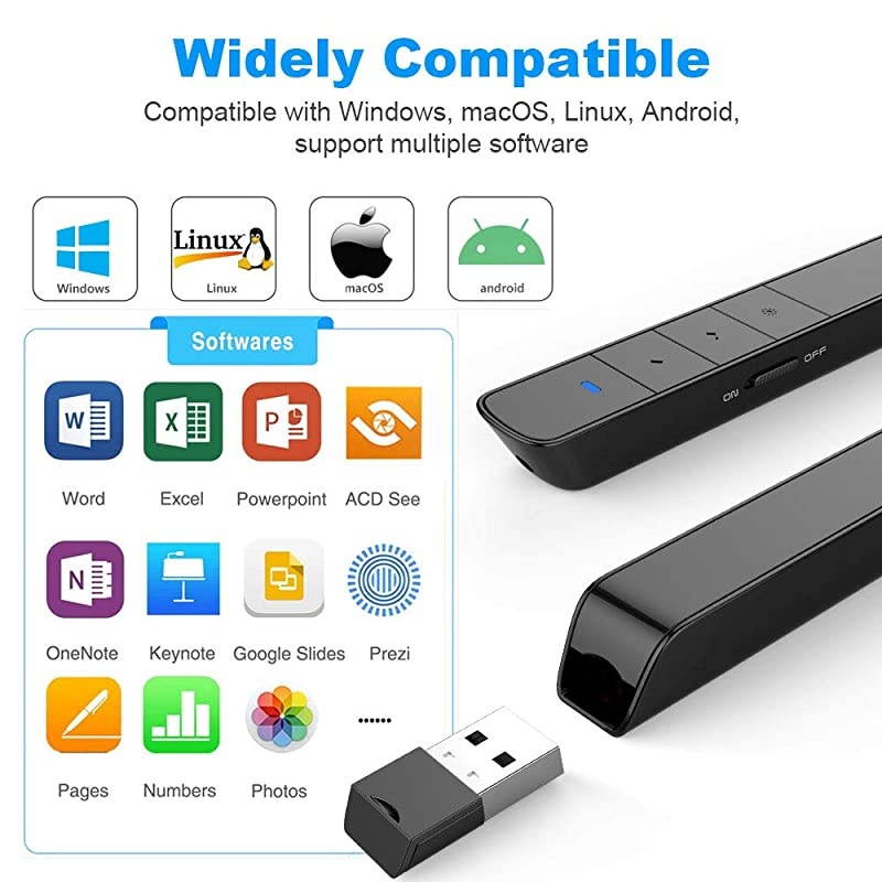 Wireless Presenter Rechargeable  N75 Presentation Remote Rechargeable Presenter Remote USB Powerpoint Remote Presentation Clicker Support HyperlinkMacKeyCustomized 24GHz