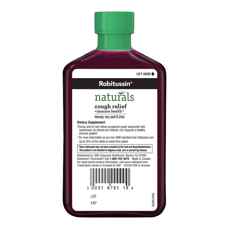 Robitussin Naturals Cough Relief & Immune Health Syrup - Honey, Ivy Leaf & Zinc with Real Elderberry - 8.3 fl oz