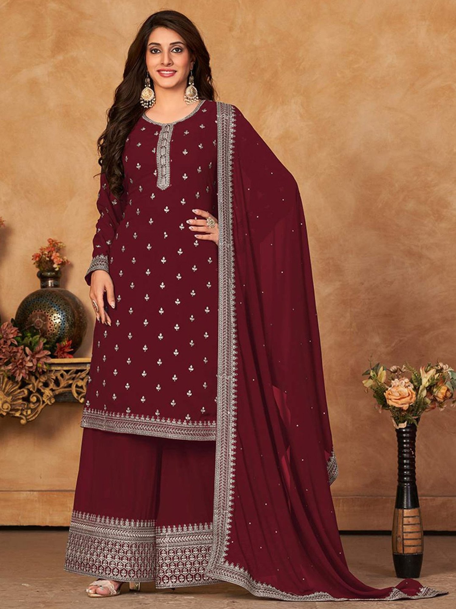 Odette Maroon Embroidered Unstitched Dress Material