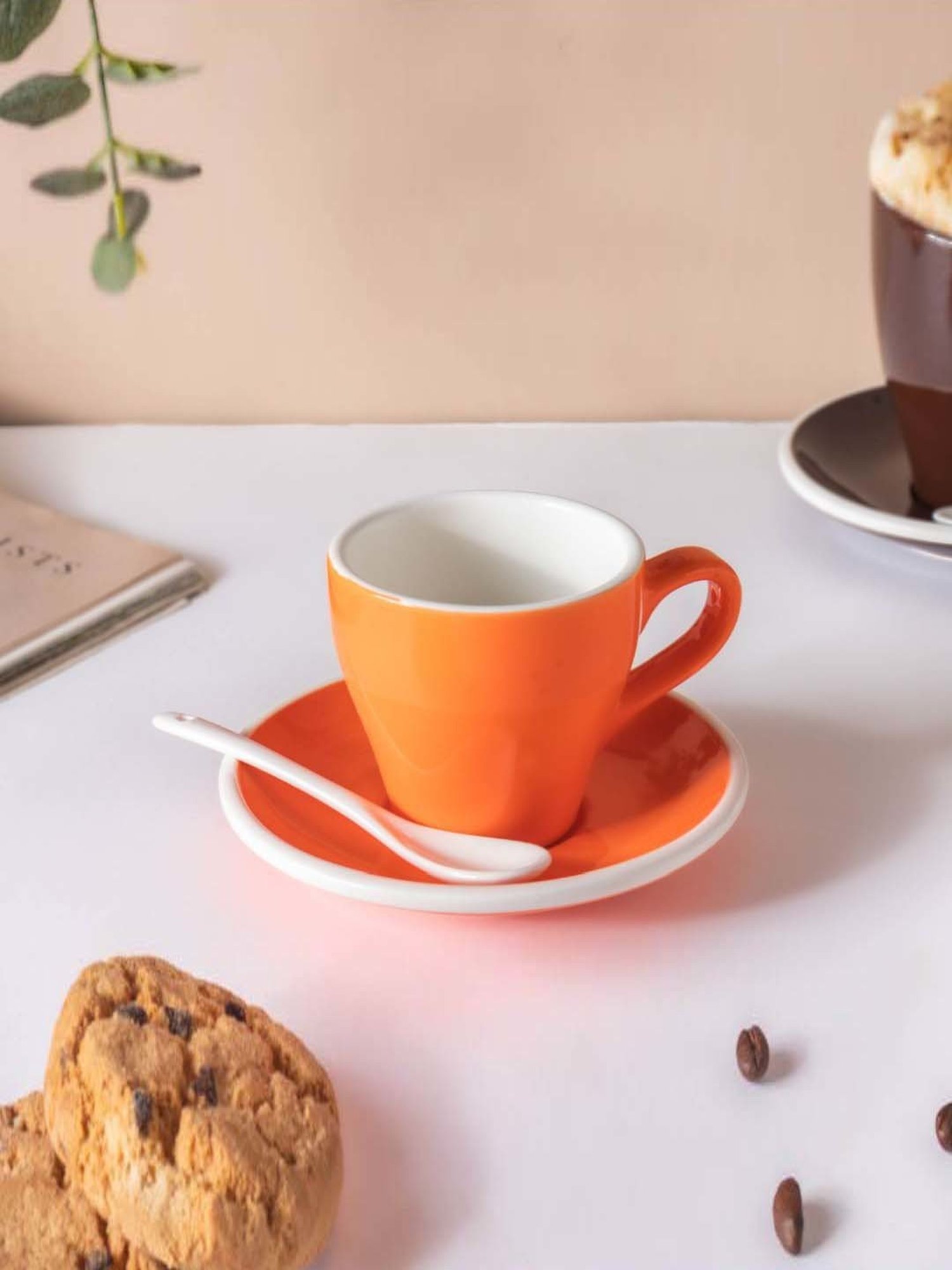 Nestasia Orange & White Food-Safe Ceramic Cup & Plate Set with Spoon, Microwaveable, Lead-Free 150ml