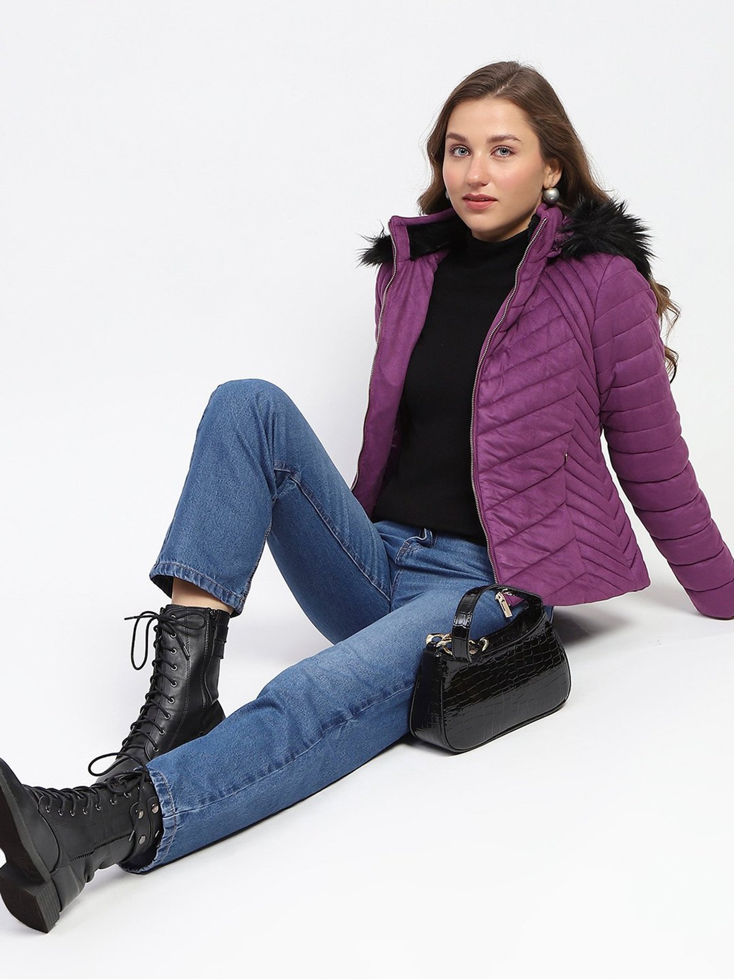 MADAME Purple Regular Fit Puffer Jacket
