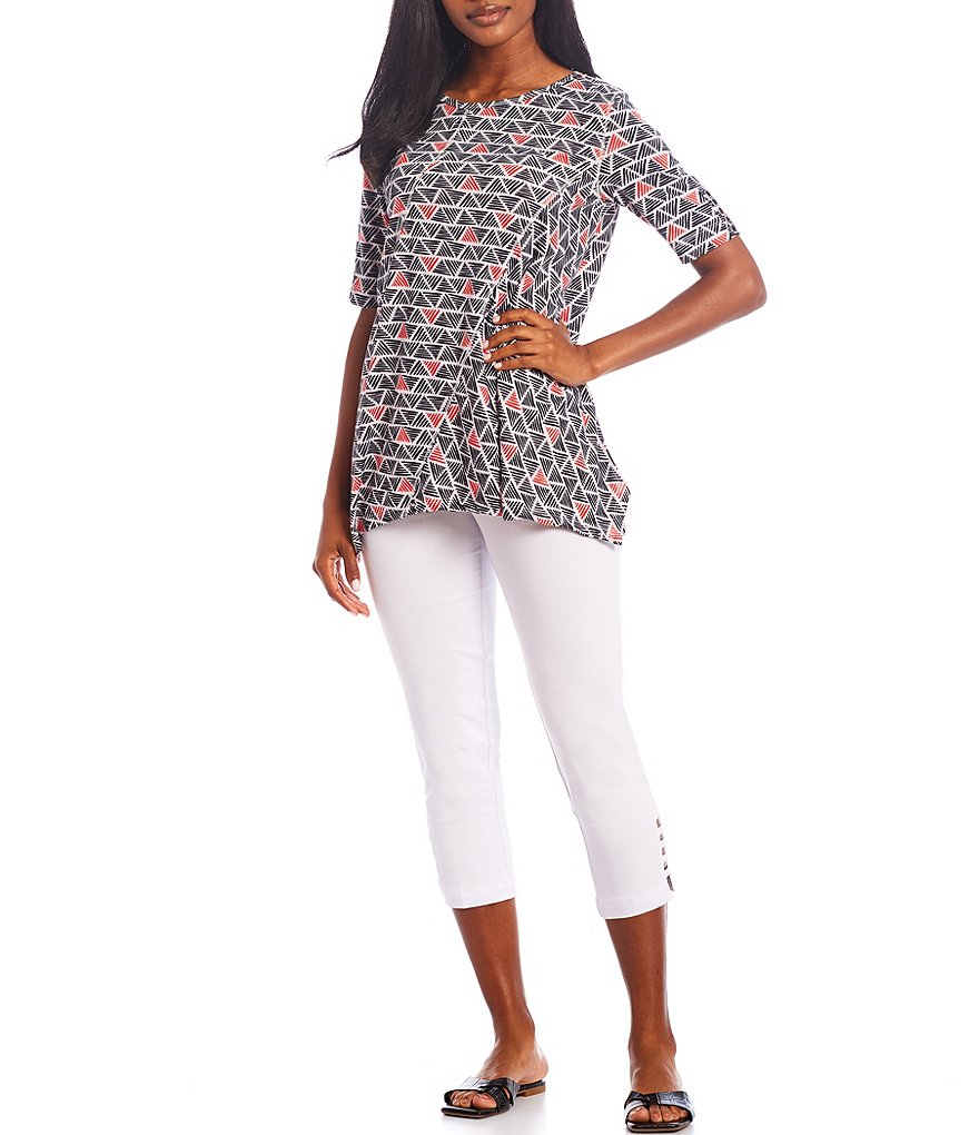 Multiples Geo Multi Print Knit Button Detail Elbow Sleeve Sharkbite Hem Top