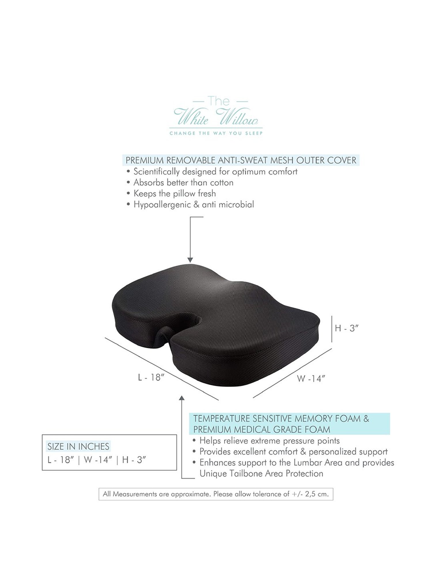 The White Willow Black Coccyx Orthopedic Memory Foam Seat Cushion - Set of 1