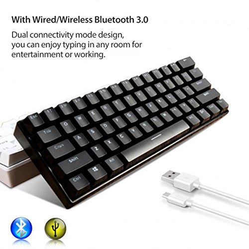 Royal Kludge RK61 Mechanical Bluetooth 3.0 Wired/Wireless 61 Keys Multi-Device RGB Backlit Gaming/Office Keyboard for iOS, Android, Windows and Mac with Rechargeable Battery, Blue Switch - White