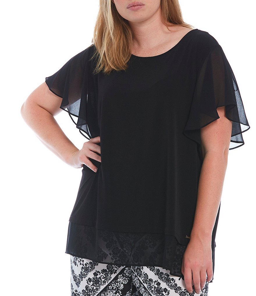 Calvin Klein Plus Size Solid Matte Jersey Jewel Neck Chiffon Ruffle Short Sleeve Double Layer Hem Top