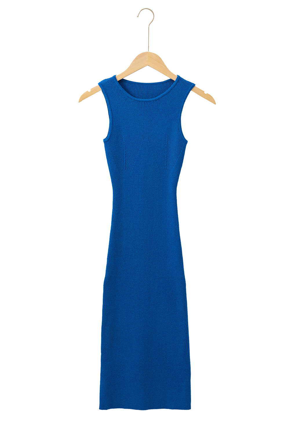 Dark Blue Solid Ribbed Knit Sheath Sleeveless Midi Sweater Dress