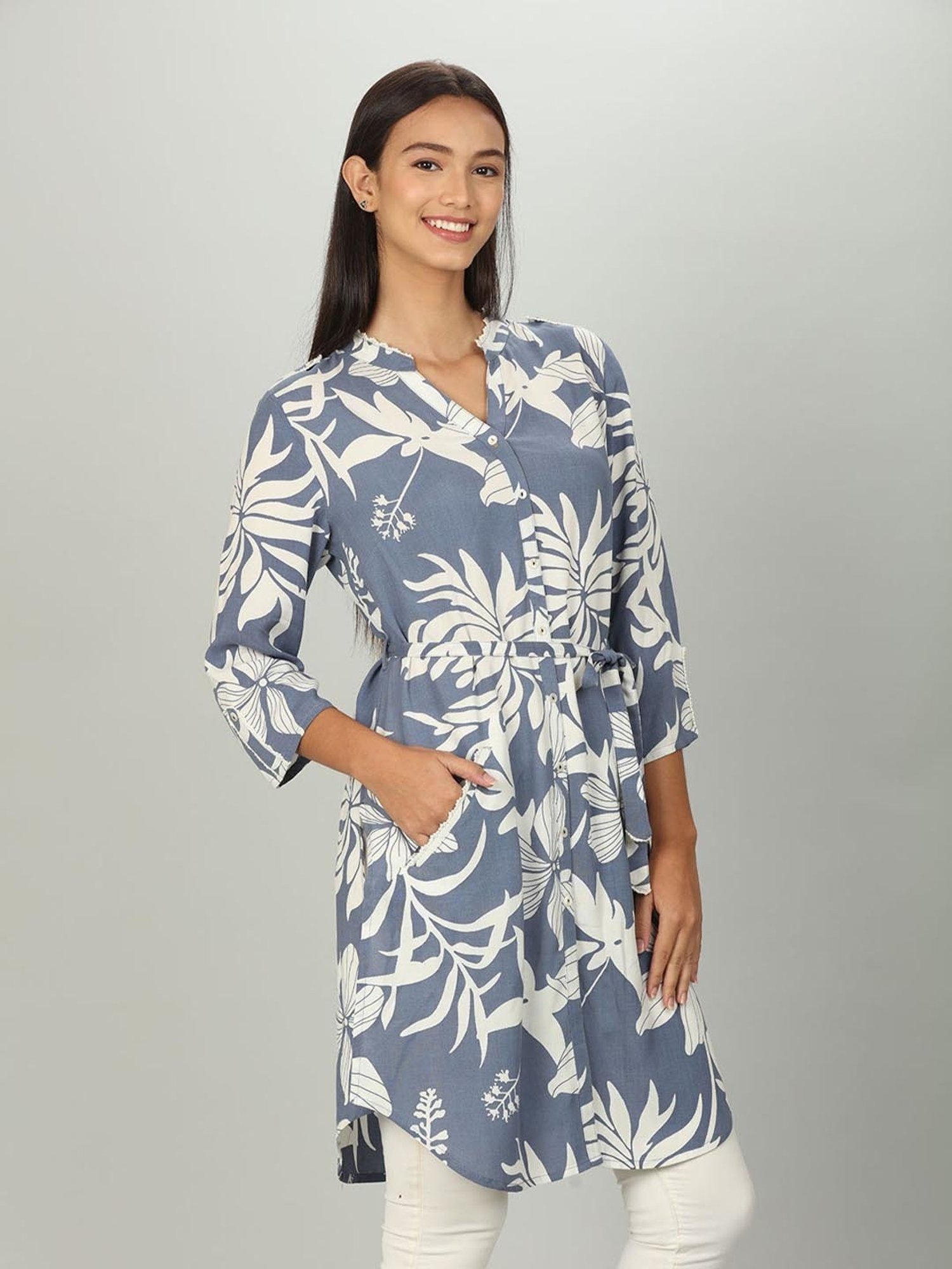 Mustard Blue & White Floral Print Shirt