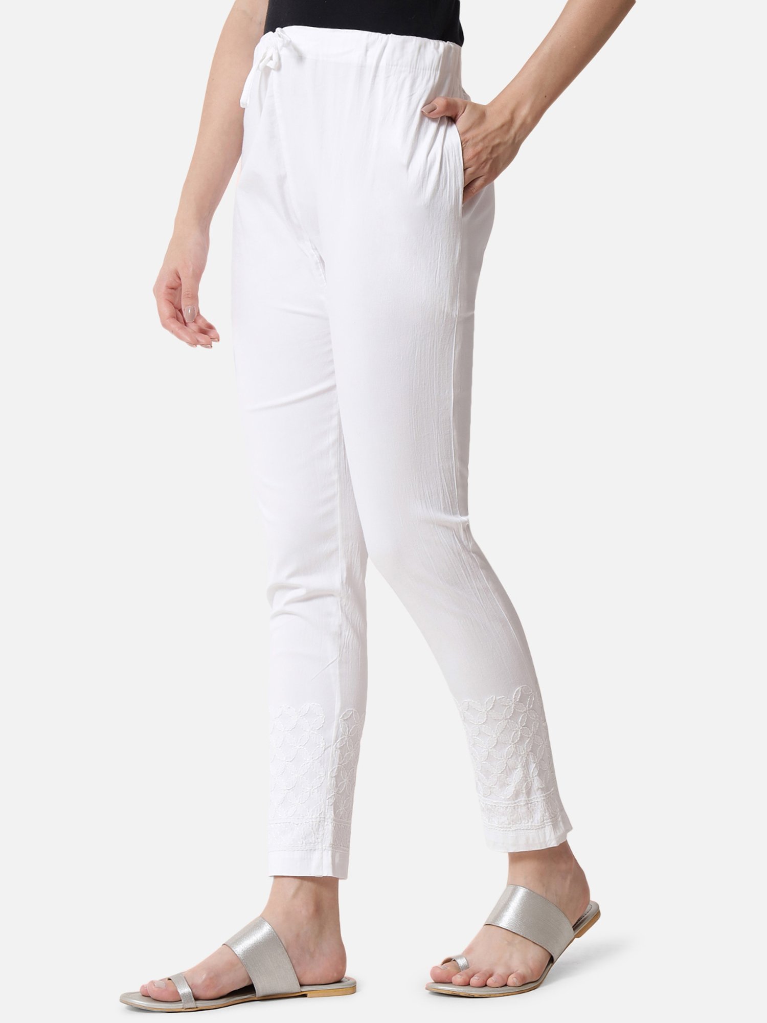 PARAMOUNT CHIKAN White Cotton Chikankari Pants